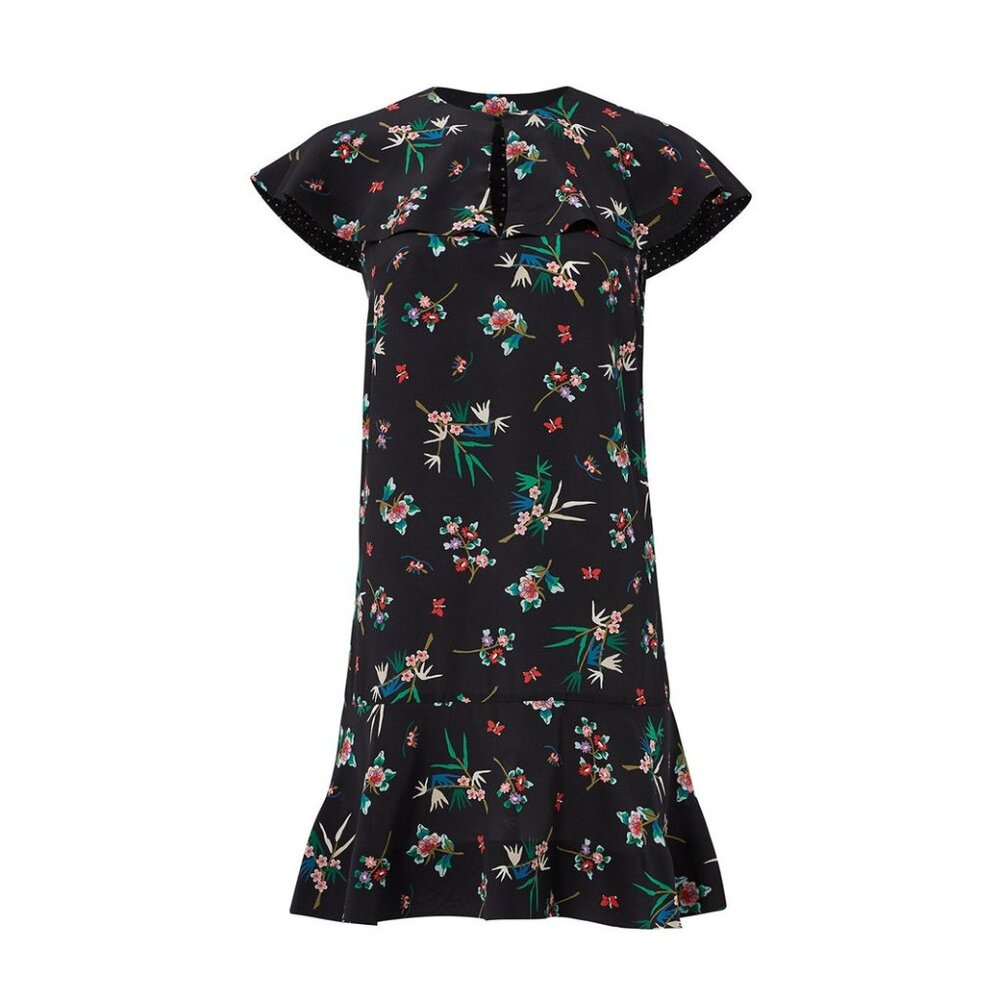 RED Valentino black silk wallpaper bouquet ruffle cape dress